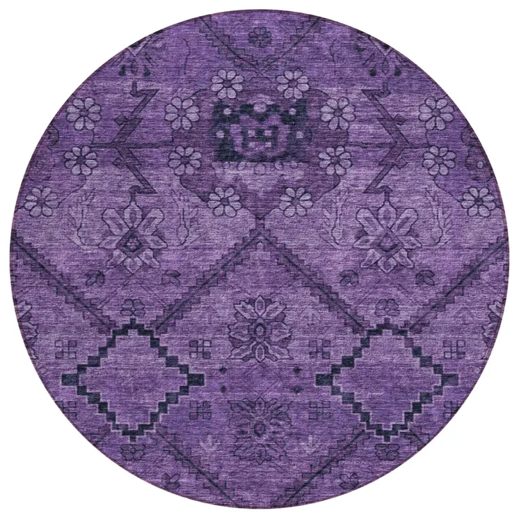 8' Eggplant Purple And Plum Round Floral Washable Indoor Outdoor Area Rug