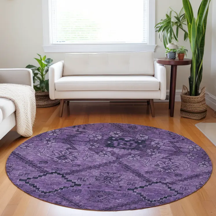 8' Eggplant Purple And Plum Round Floral Washable Indoor Outdoor Area Rug
