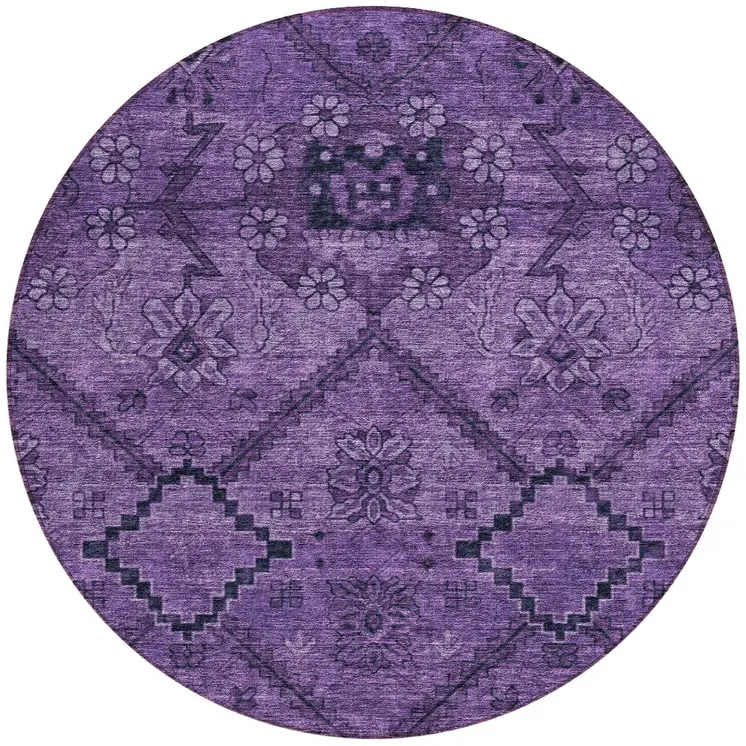 8' Eggplant Purple And Plum Round Floral Washable Indoor Outdoor Area Rug