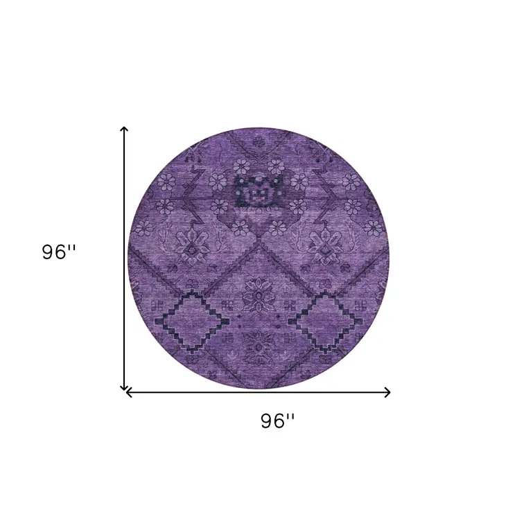 8' Eggplant Purple And Plum Round Floral Washable Indoor Outdoor Area Rug
