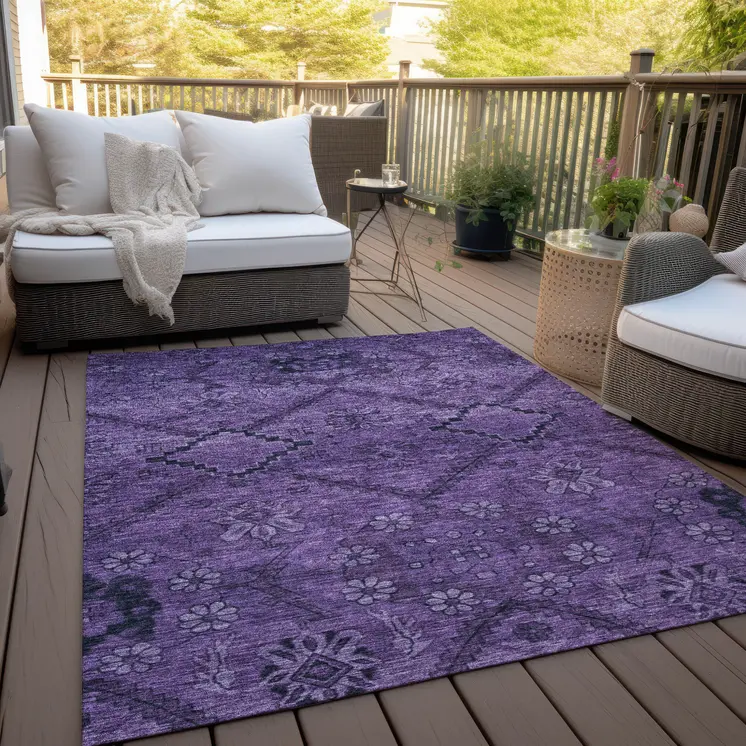 9' X 12' Eggplant Purple And Plum Floral Washable Indoor Outdoor Area Rug