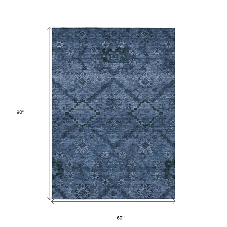 5' X 8' Navy Blue And Denim Blue Floral Washable Indoor Outdoor Area Rug