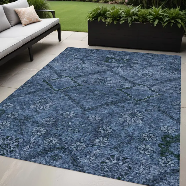 5' X 8' Navy Blue And Denim Blue Floral Washable Indoor Outdoor Area Rug