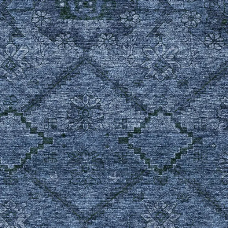 5' X 8' Navy Blue And Denim Blue Floral Washable Indoor Outdoor Area Rug