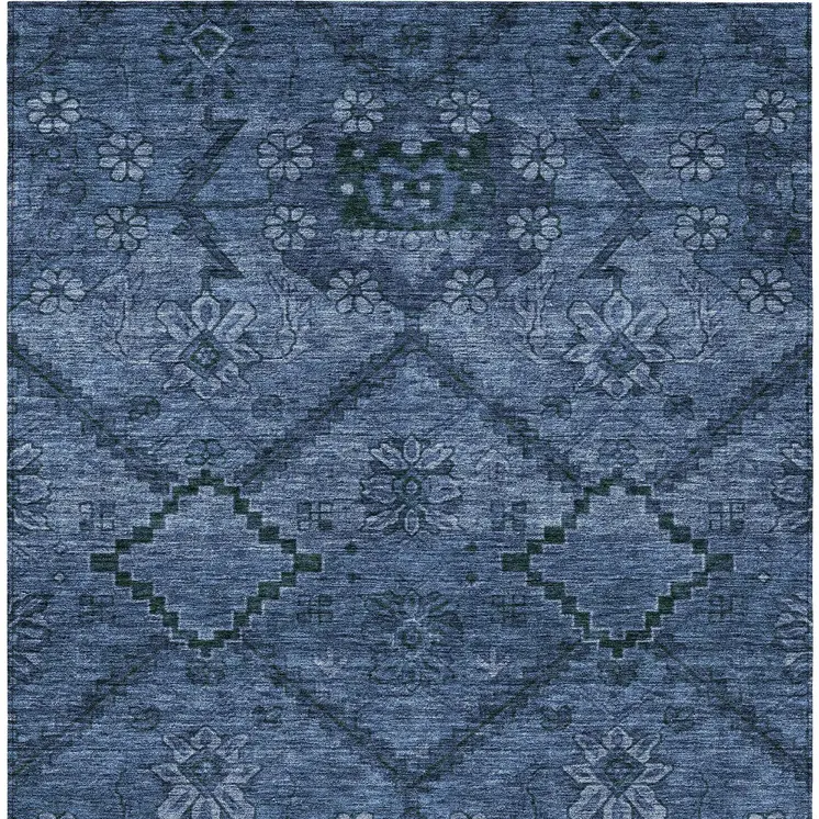 8' X 10' Navy Blue And Denim Blue Floral Washable Indoor Outdoor Area Rug