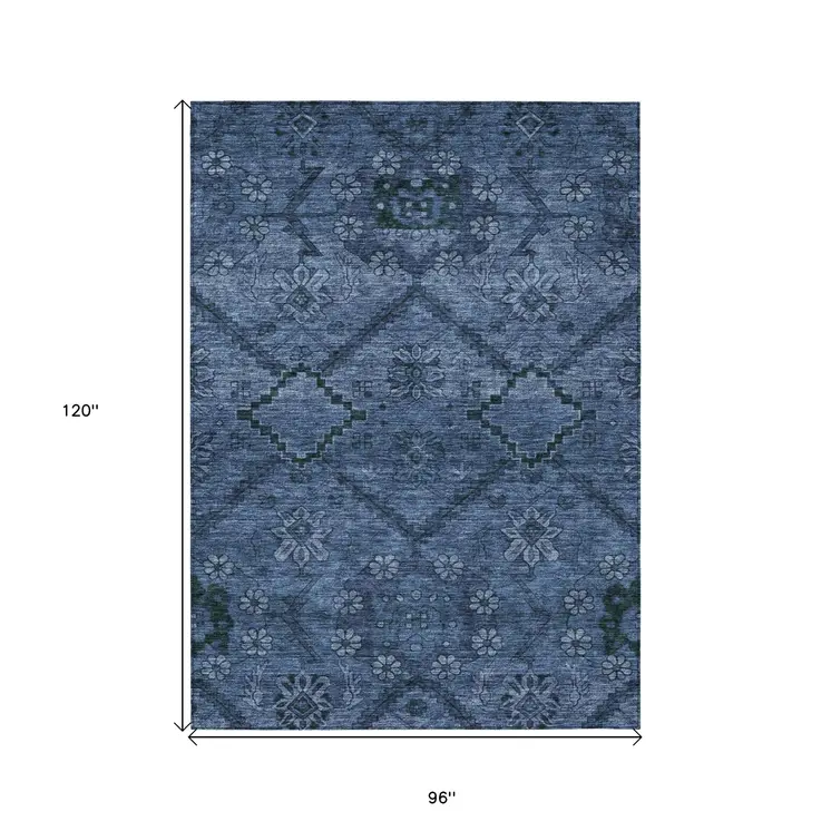 8' X 10' Navy Blue And Denim Blue Floral Washable Indoor Outdoor Area Rug