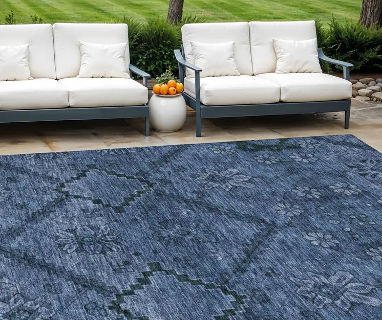 8' X 10' Navy Blue And Denim Blue Floral Washable Indoor Outdoor Area Rug