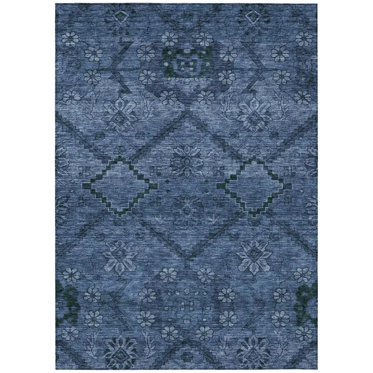 8' X 10' Navy Blue And Denim Blue Floral Washable Indoor Outdoor Area Rug