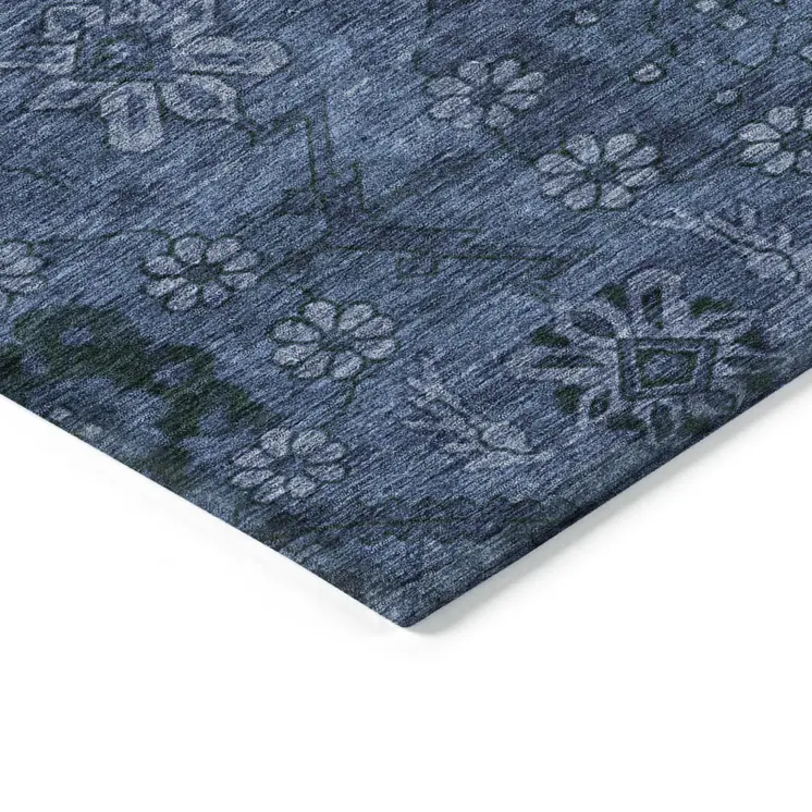 8' X 10' Navy Blue And Denim Blue Floral Washable Indoor Outdoor Area Rug