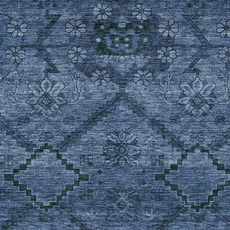 8' X 10' Navy Blue And Denim Blue Floral Washable Indoor Outdoor Area Rug
