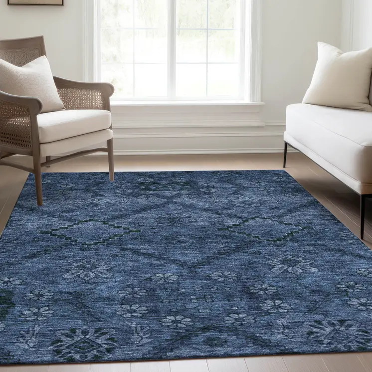 8' X 10' Navy Blue And Denim Blue Floral Washable Indoor Outdoor Area Rug