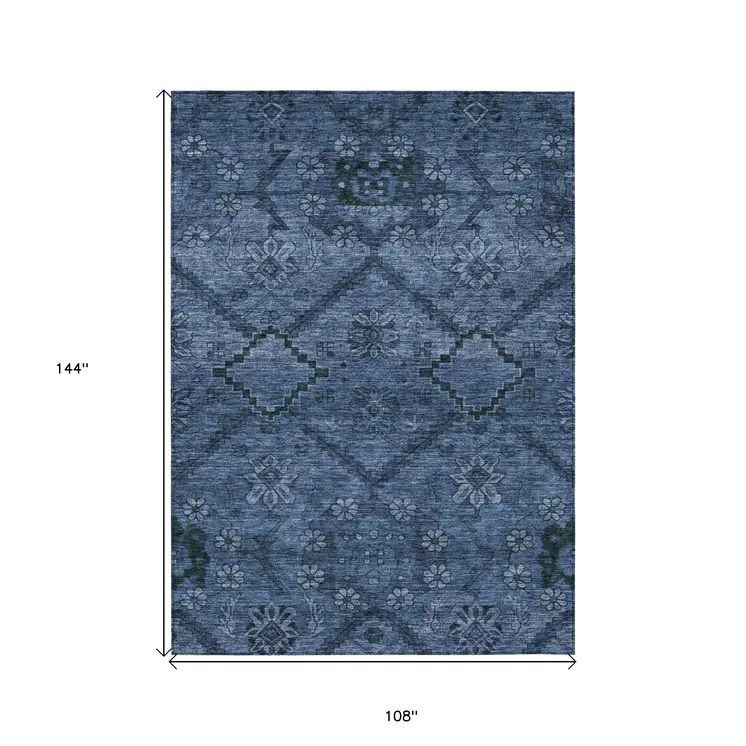 9' X 12' Navy Blue And Denim Blue Floral Washable Indoor Outdoor Area Rug
