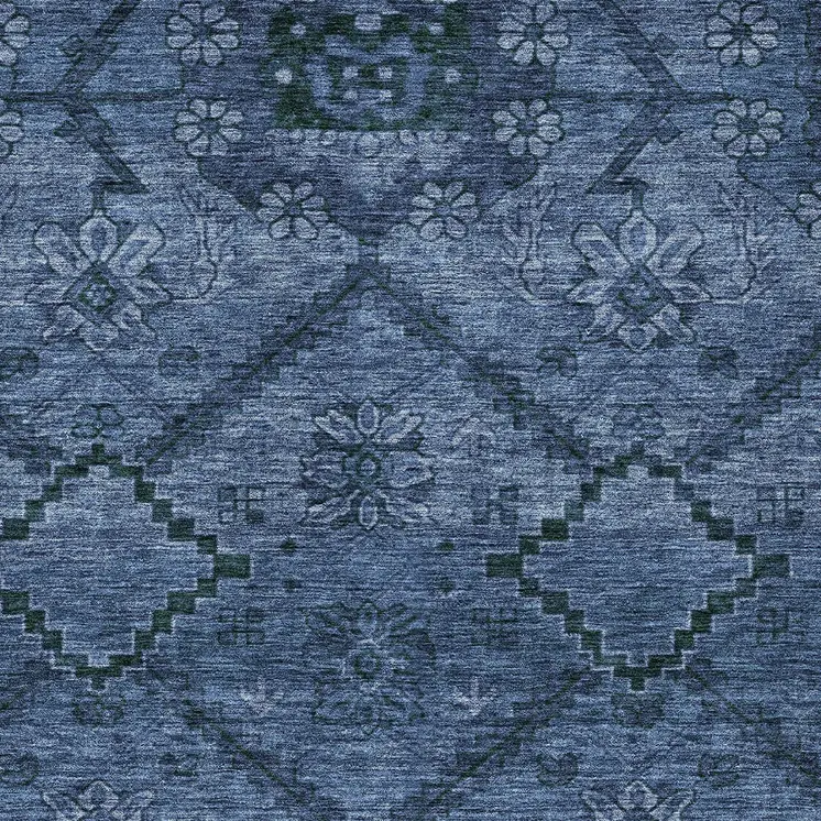 9' X 12' Navy Blue And Denim Blue Floral Washable Indoor Outdoor Area Rug