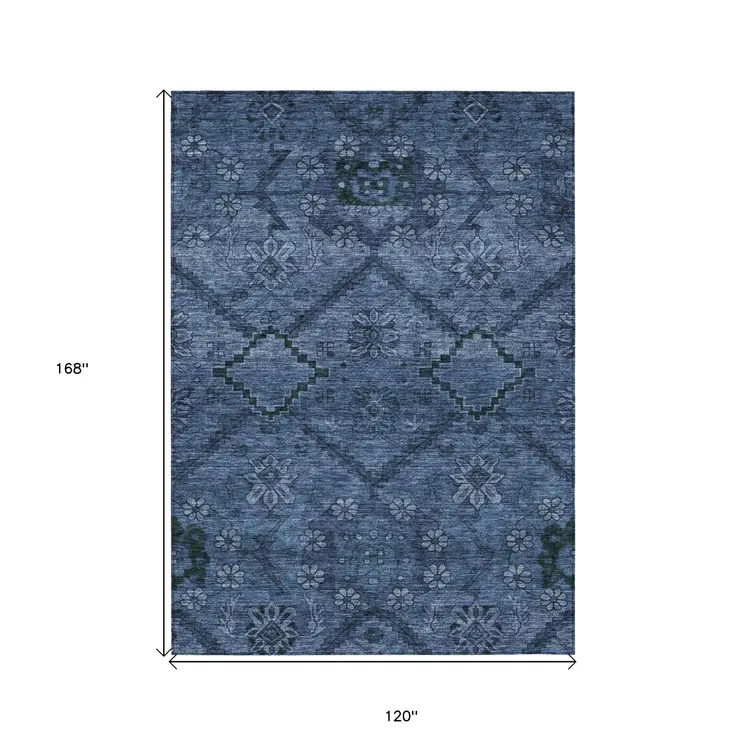 10' X 14' Navy Blue And Denim Blue Floral Washable Indoor Outdoor Area Rug