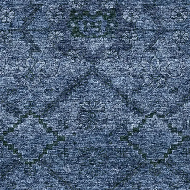 10' X 14' Navy Blue And Denim Blue Floral Washable Indoor Outdoor Area Rug