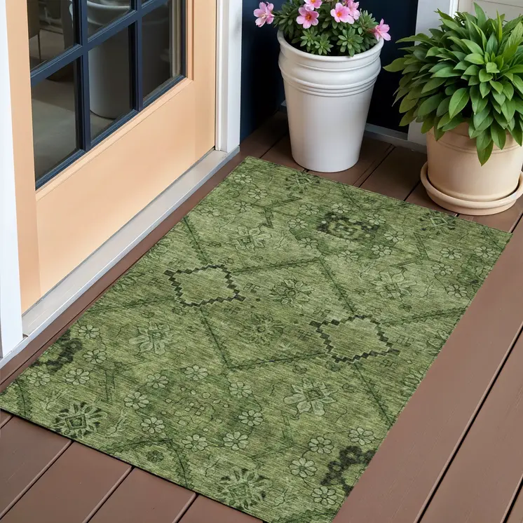3' X 5' Olive Green Fern Green And Artichoke Green Floral Washable Indoor Outdoor Area Rug