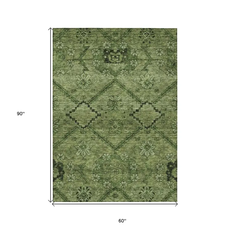 5' X 8' Olive Green Fern Green And Artichoke Green Floral Washable Indoor Outdoor Area Rug