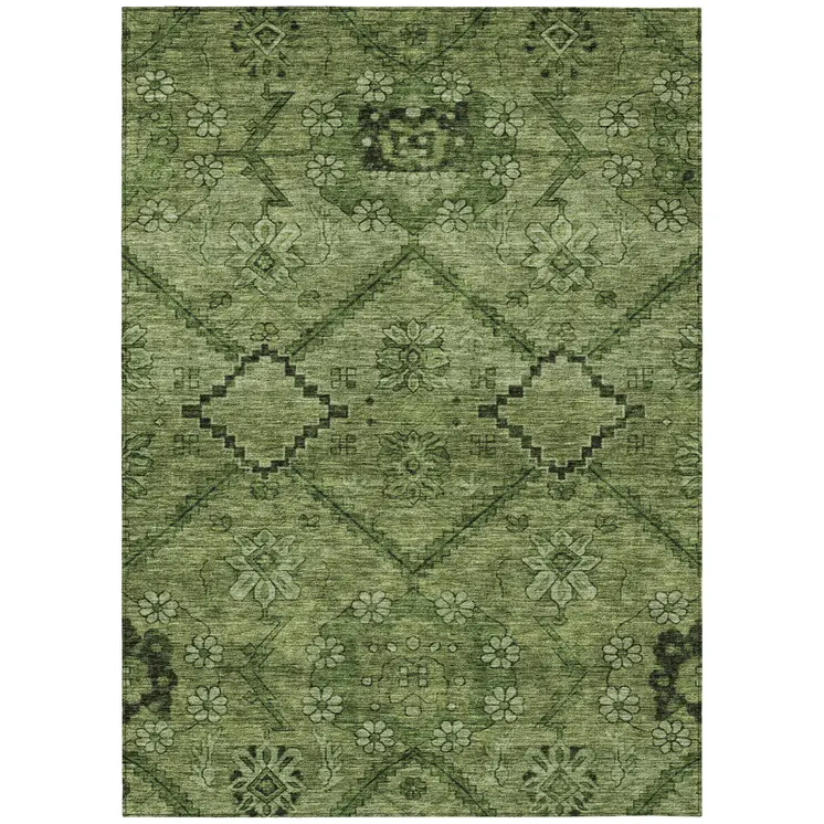 5' X 8' Olive Green Fern Green And Artichoke Green Floral Washable Indoor Outdoor Area Rug