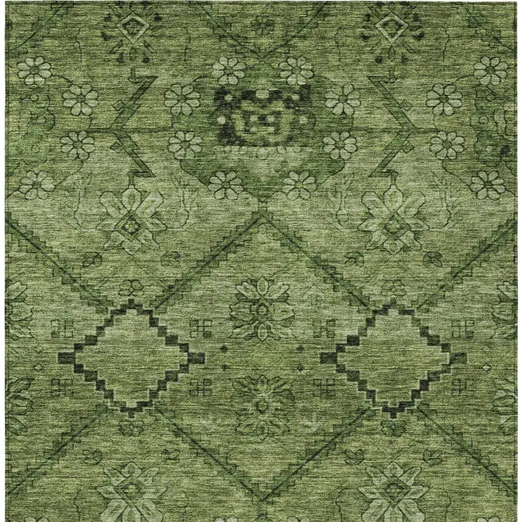 9' X 12' Olive Green Fern Green And Artichoke Green Floral Washable Indoor Outdoor Area Rug