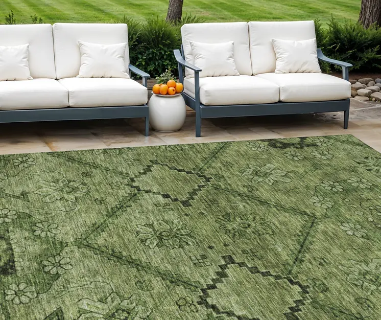 9' X 12' Olive Green Fern Green And Artichoke Green Floral Washable Indoor Outdoor Area Rug