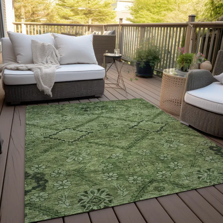 9' X 12' Olive Green Fern Green And Artichoke Green Floral Washable Indoor Outdoor Area Rug