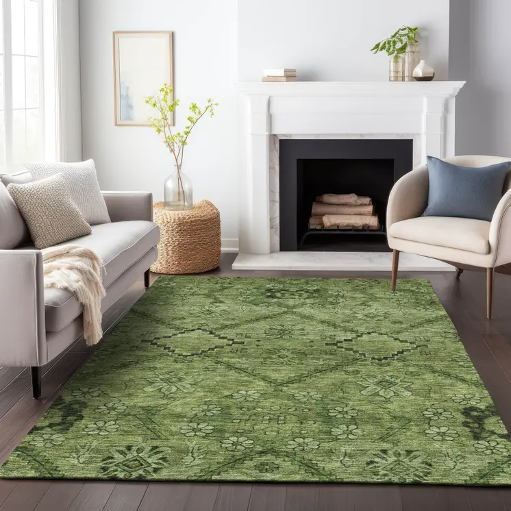 9' X 12' Olive Green Fern Green And Artichoke Green Floral Washable Indoor Outdoor Area Rug