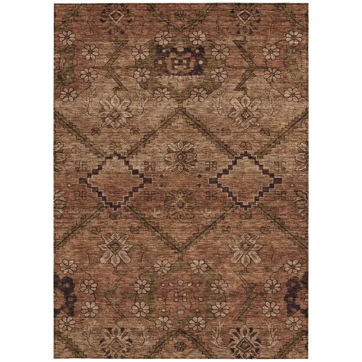 5' X 8' Orange Copper And Brown Floral Washable Indoor Outdoor Area Rug