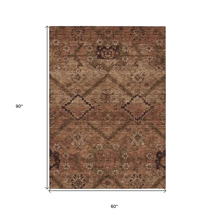 5' X 8' Orange Copper And Brown Floral Washable Indoor Outdoor Area Rug