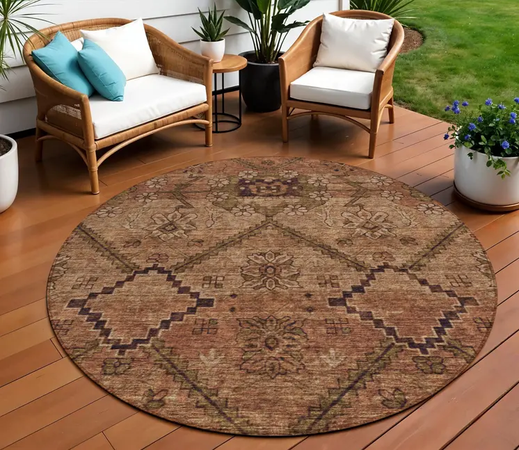 8' Orange Copper And Brown Round Floral Washable Indoor Outdoor Area Rug