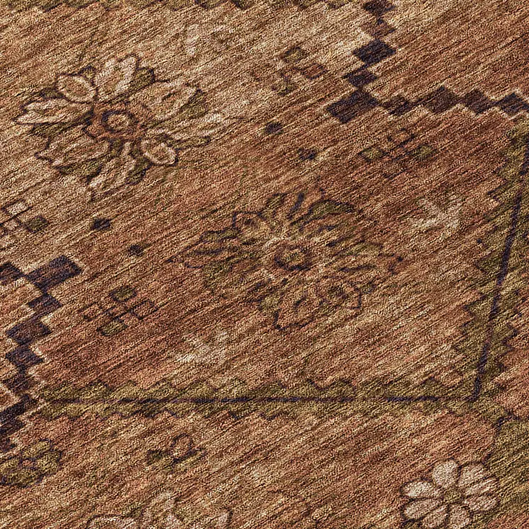 8' Orange Copper And Brown Round Floral Washable Indoor Outdoor Area Rug