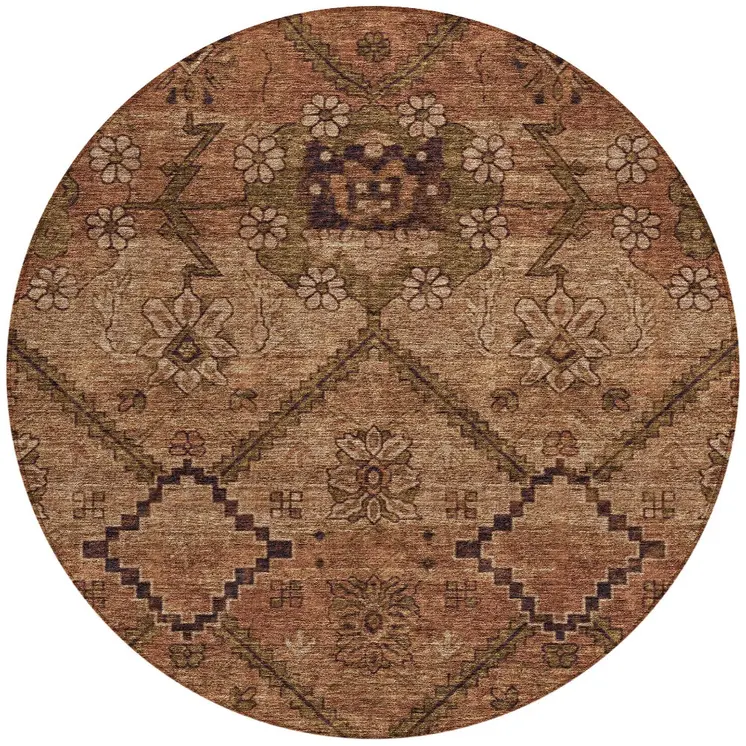 8' Orange Copper And Brown Round Floral Washable Indoor Outdoor Area Rug