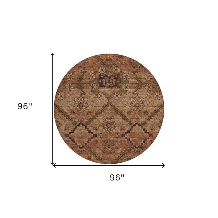8' Orange Copper And Brown Round Floral Washable Indoor Outdoor Area Rug