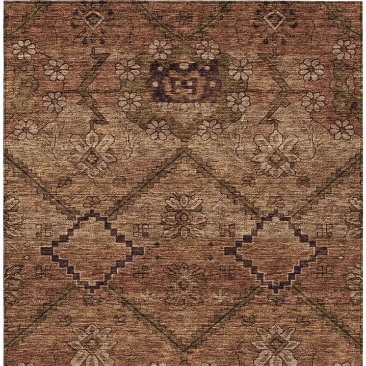 8' X 10' Orange Copper And Brown Floral Washable Indoor Outdoor Area Rug