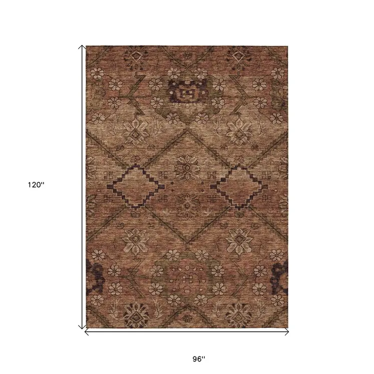 8' X 10' Orange Copper And Brown Floral Washable Indoor Outdoor Area Rug