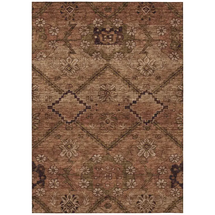 8' X 10' Orange Copper And Brown Floral Washable Indoor Outdoor Area Rug