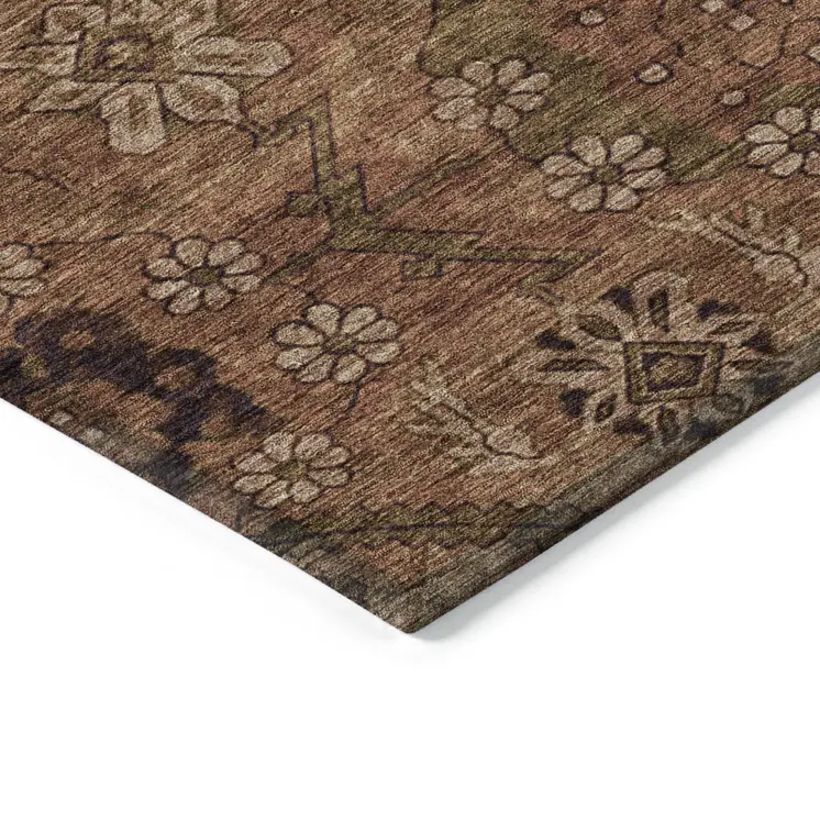 8' X 10' Orange Copper And Brown Floral Washable Indoor Outdoor Area Rug