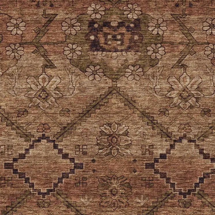 8' X 10' Orange Copper And Brown Floral Washable Indoor Outdoor Area Rug