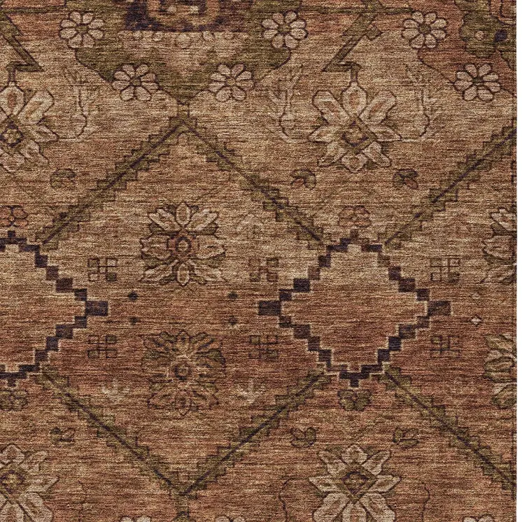 9' X 12' Orange Copper And Brown Floral Washable Indoor Outdoor Area Rug