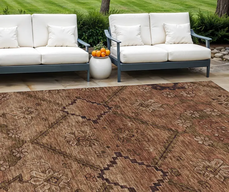 10' X 14' Orange Copper And Brown Floral Washable Indoor Outdoor Area Rug