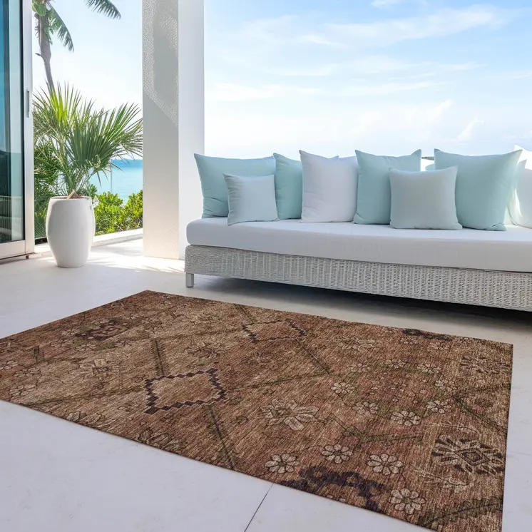 10' X 14' Orange Copper And Brown Floral Washable Indoor Outdoor Area Rug