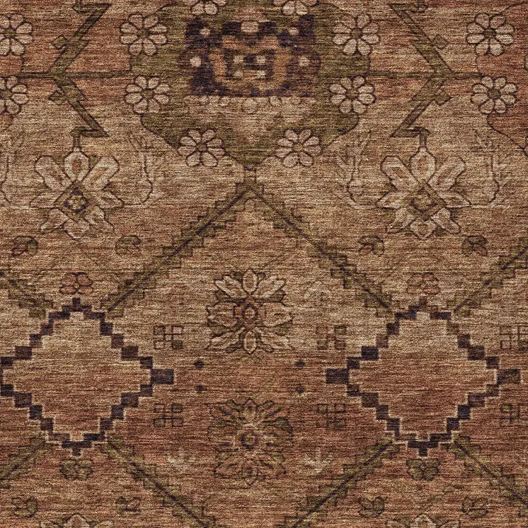 10' X 14' Orange Copper And Brown Floral Washable Indoor Outdoor Area Rug