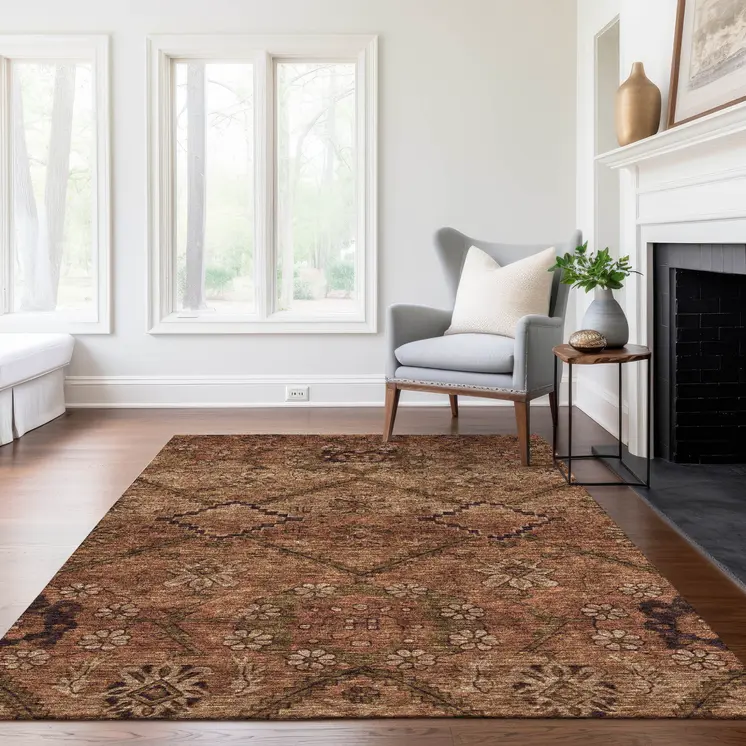 10' X 14' Orange Copper And Brown Floral Washable Indoor Outdoor Area Rug