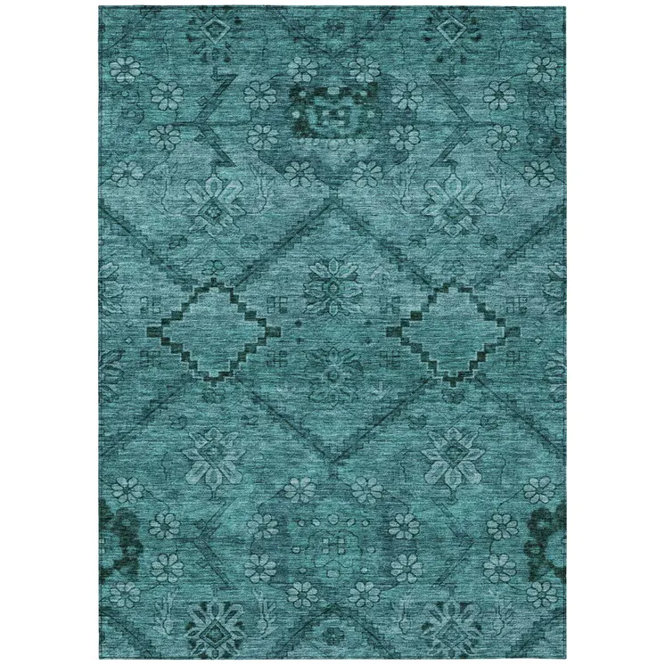 3' X 5' Teal Blue And Aqua Floral Washable Indoor Outdoor Area Rug