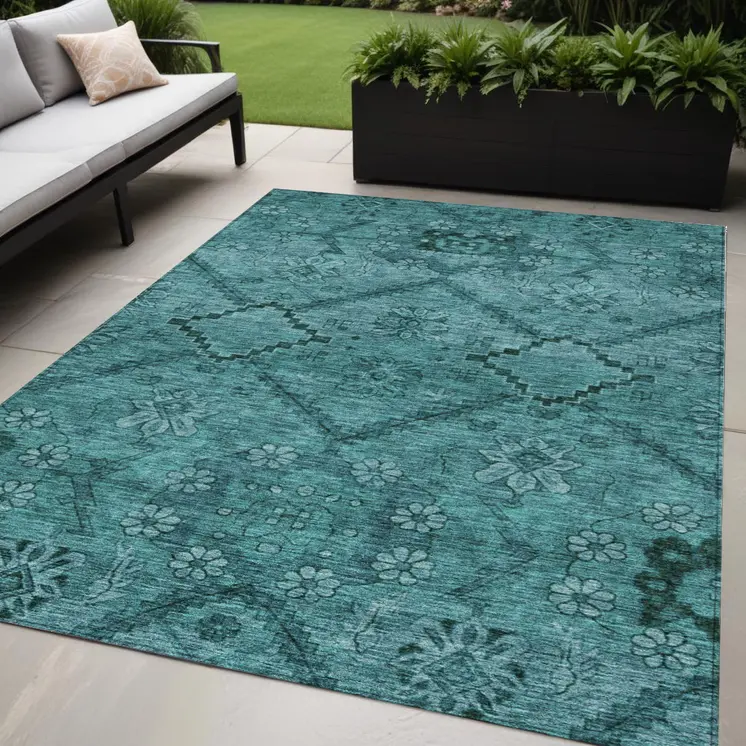 5' X 8' Teal Blue And Aqua Floral Washable Indoor Outdoor Area Rug