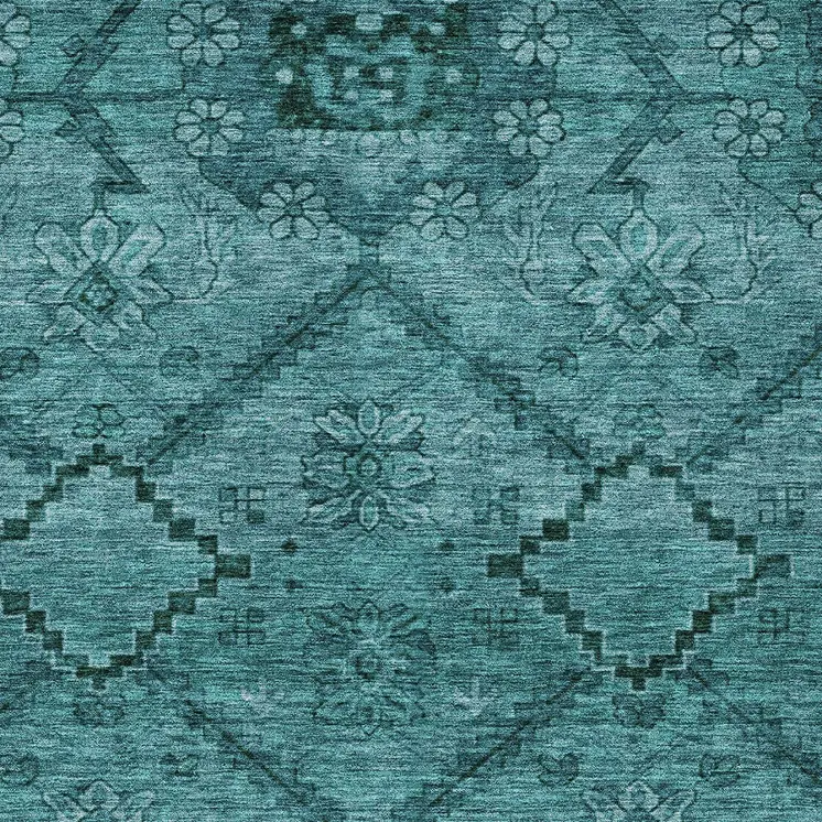 5' X 8' Teal Blue And Aqua Floral Washable Indoor Outdoor Area Rug