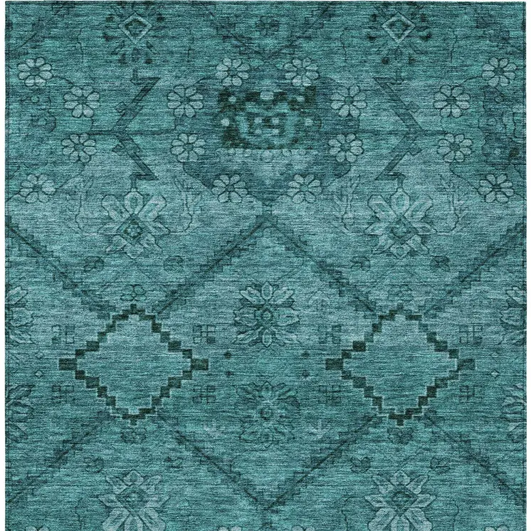 8' X 10' Teal Blue And Aqua Floral Washable Indoor Outdoor Area Rug