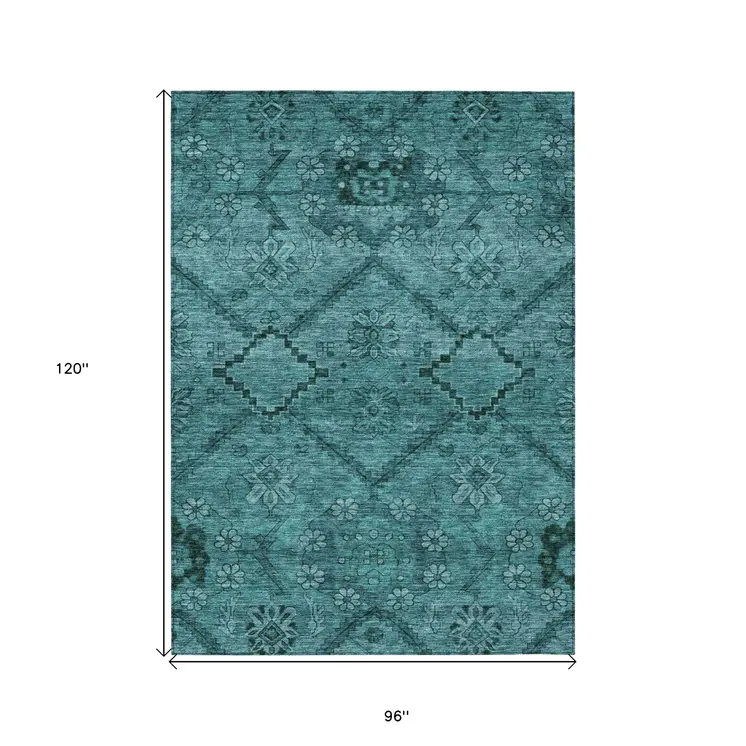 8' X 10' Teal Blue And Aqua Floral Washable Indoor Outdoor Area Rug