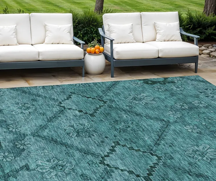 8' X 10' Teal Blue And Aqua Floral Washable Indoor Outdoor Area Rug