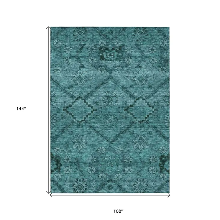 9' X 12' Teal Blue And Aqua Floral Washable Indoor Outdoor Area Rug