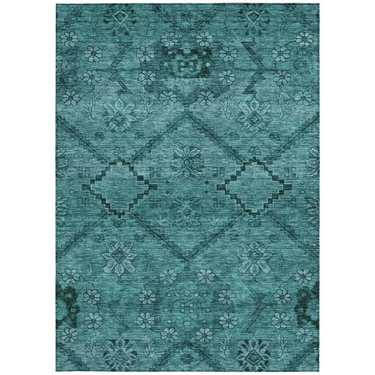 9' X 12' Teal Blue And Aqua Floral Washable Indoor Outdoor Area Rug